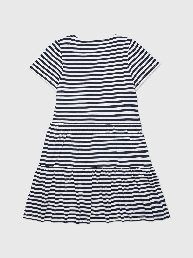 Női Tommy Hilfiger Rövid-Sleeve Stripe Tiered Dresses Kék Fehér | HU 116QMA